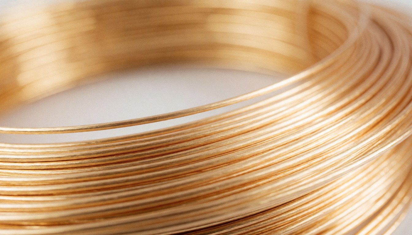 Close-up view of copper wire coils arranged on a smooth, neutral surface suitable for electrician business backgrounds