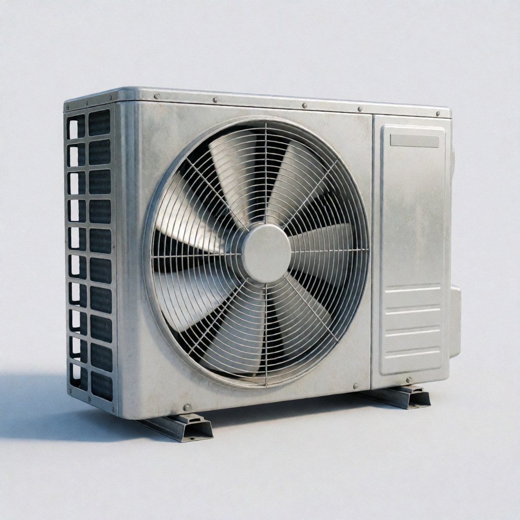 Gray metal outdoor condensing unit for air conditioning systems on white background