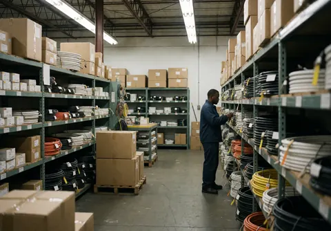 Worker organizing electrical wires and conduits in an industrial warehouse with tall shelves, boxes, and fluorescent lights