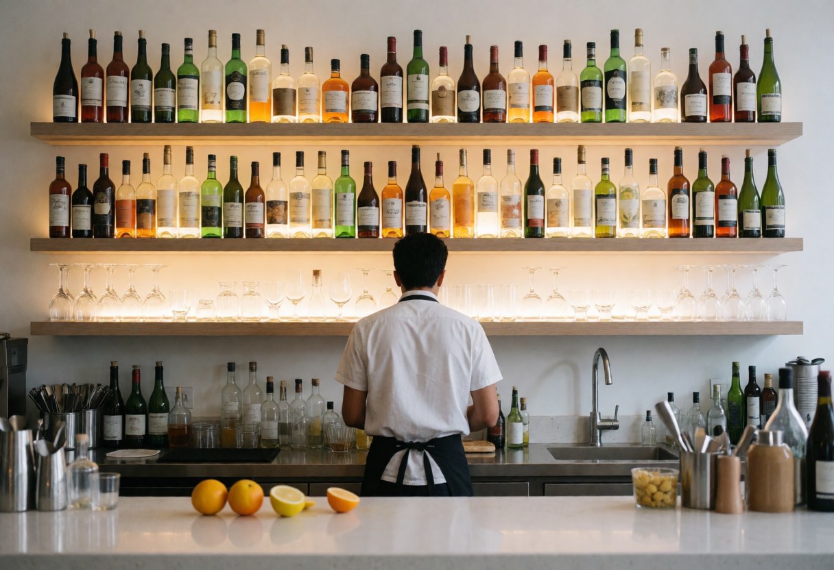 A clean and organized bar counter with bottles, glasses, and fresh fruit garnishes ready for opening