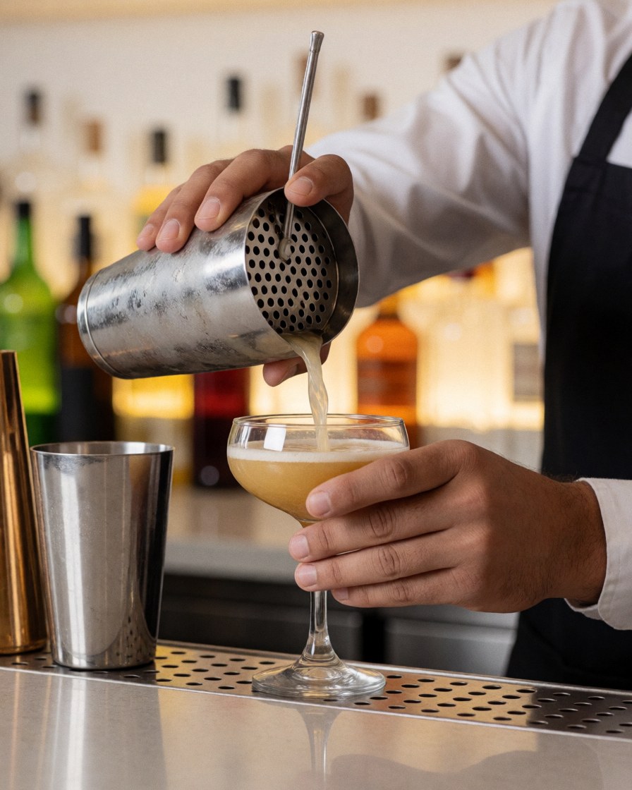 A bartender's hands pouring a mixed drink into a glass behind a metal bar counter with warm lighting and a blurred background