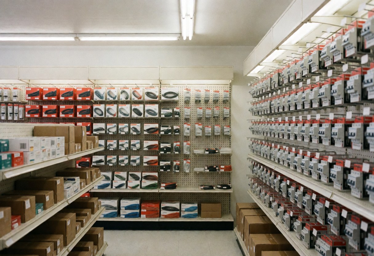 Clean interior of an empty electrical store with shelves stocked with wires, switches, and product boxes under fluorescent lighting.