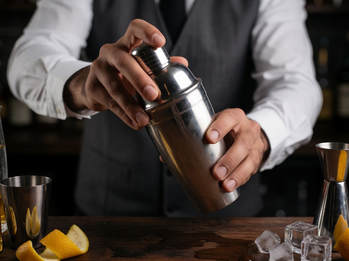 Close-up of cocktail preparation using a metal shaker, ice cubes, and lime on a dark wooden bar surface