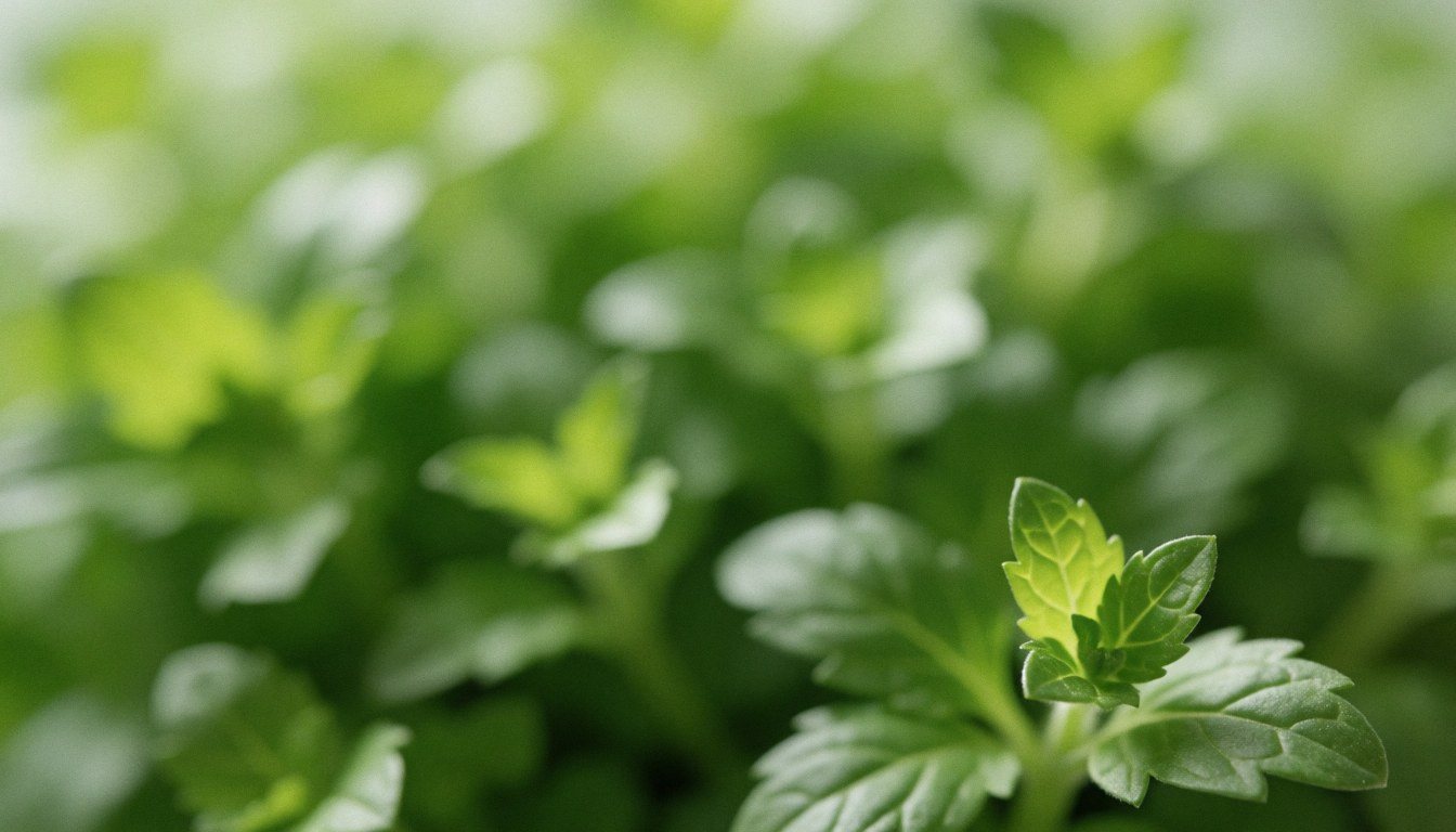 Abstract background of fresh natural green herbs with clean green tones and natural light, ideal for catering, cooking, or healthy food text overlays.