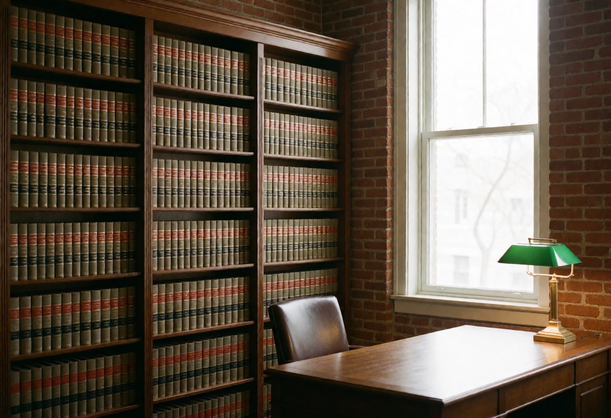 Law firm office featuring wooden bookshelves filled with legal books, a wooden desk, leather chair, and a window letting in natural light.