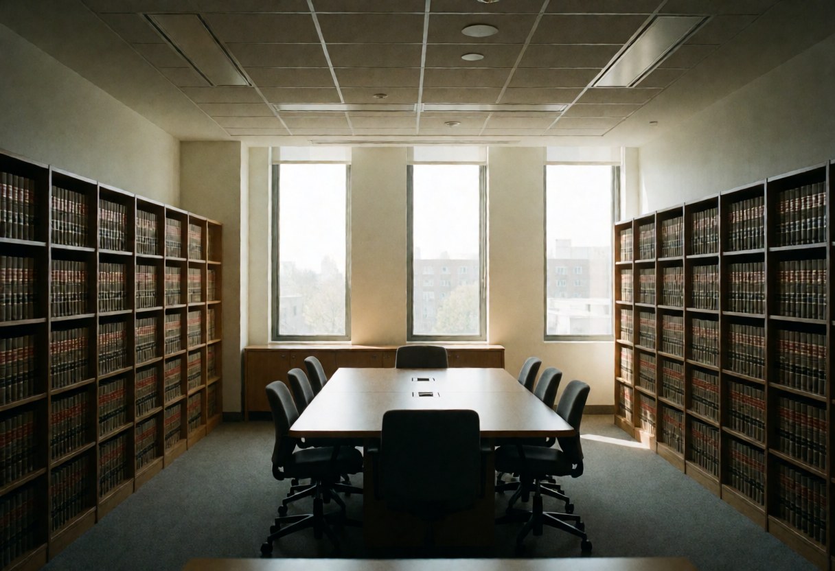 Modern law firm office featuring tall bookshelves filled with legal books, a conference table, and chairs, illuminated by natural light from high windows.