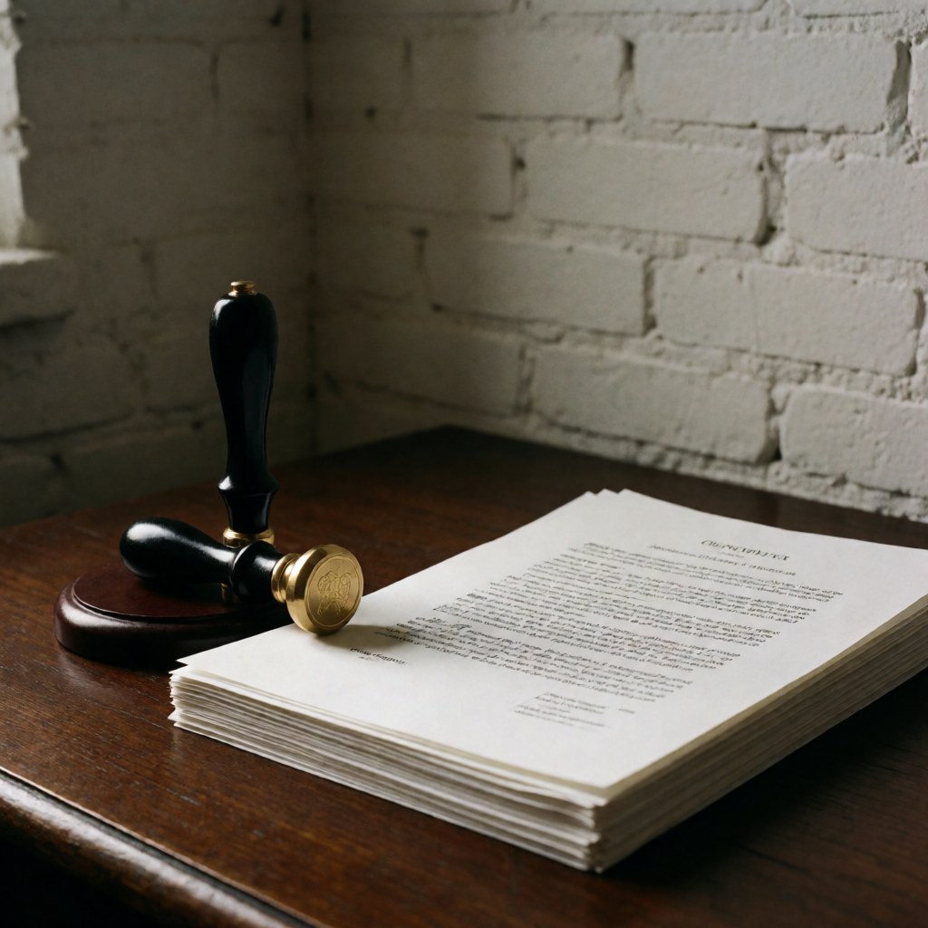 Golden wax seal and stack of legal documents on dark wood desk with white brick wall background and dramatic lighting