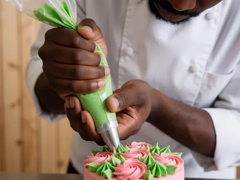 Hands using a spatula and spoon to apply green and pink frosting on a cake in a light wood kitchen with soft lighting