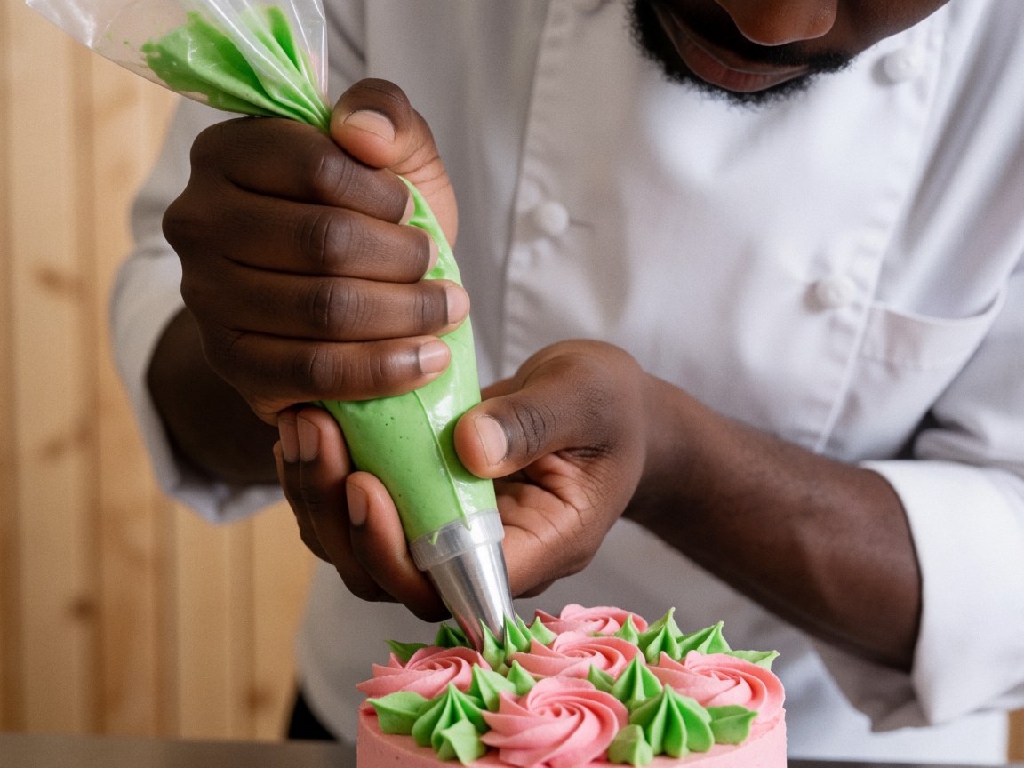 Hands using a spatula and spoon to apply green and pink frosting on a cake in a light wood kitchen with soft lighting