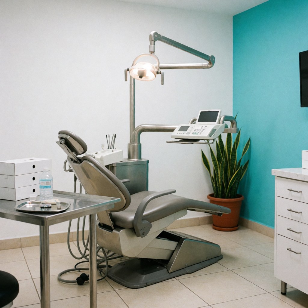 Dental camera and chair against a turquoise wall with a plant, showing a clean and professional dental clinic environment.