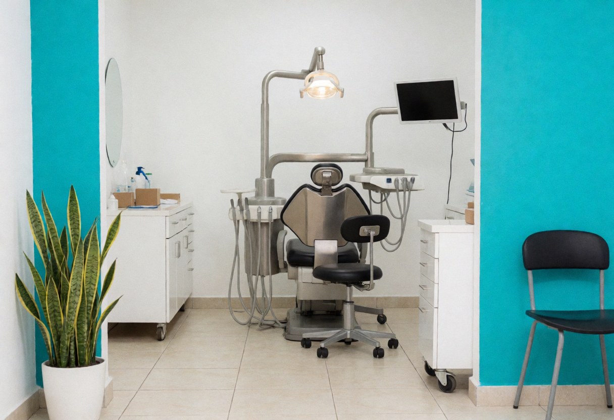Interior of a modern dental clinic featuring a turquoise wall, white furniture, a black examination chair, plants, and bright clinical lighting.