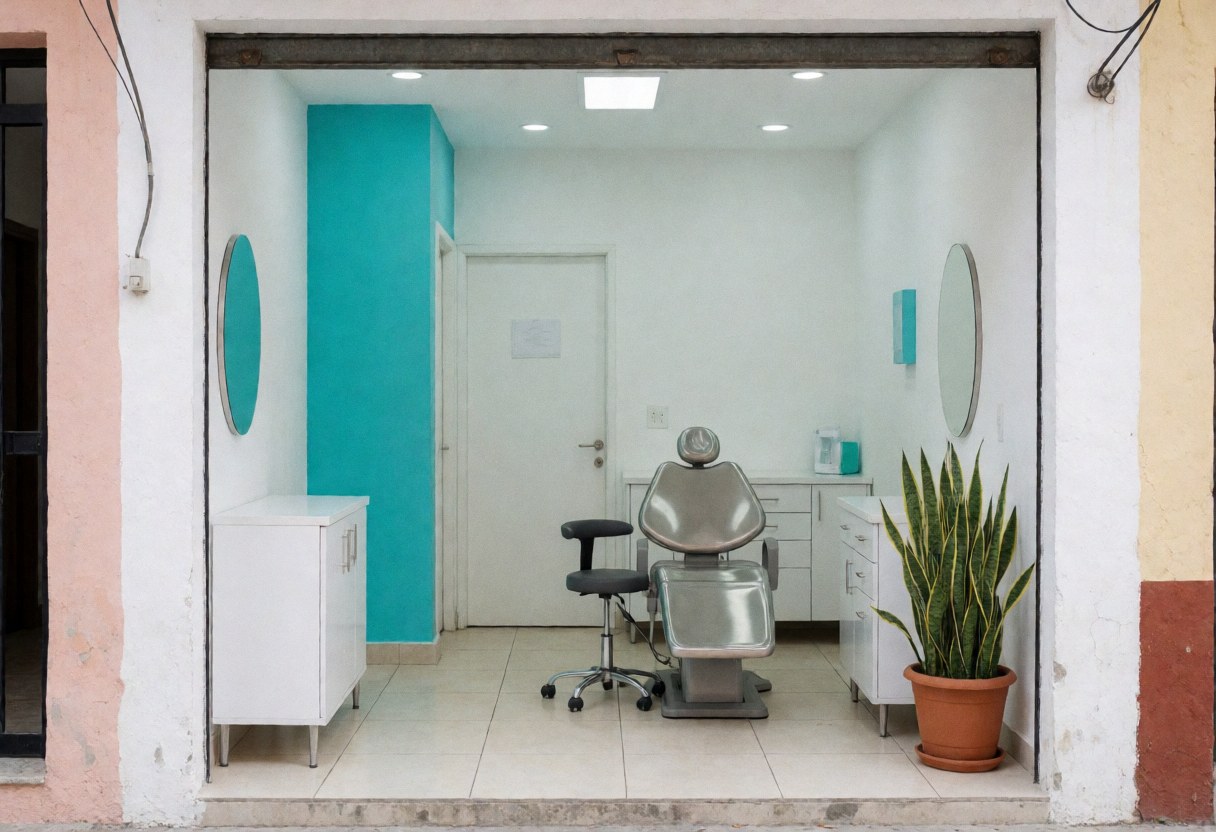 Clean and welcoming dental clinic entrance featuring a turquoise accent wall, white furniture, an examination chair, and indoor plants.
