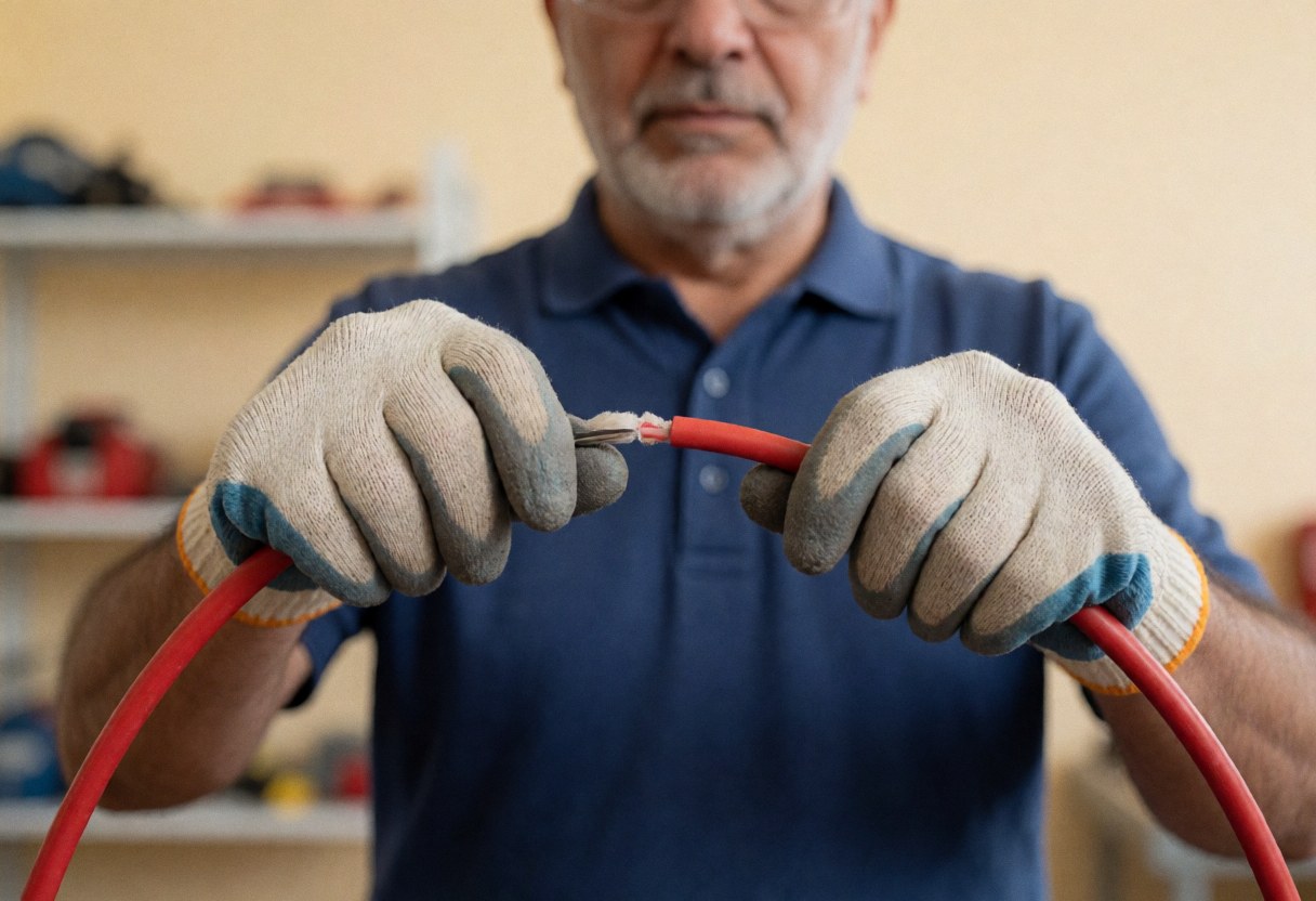 Electrician wearing safety gloves and glasses working with a red cable in a workshop showing precision in the task