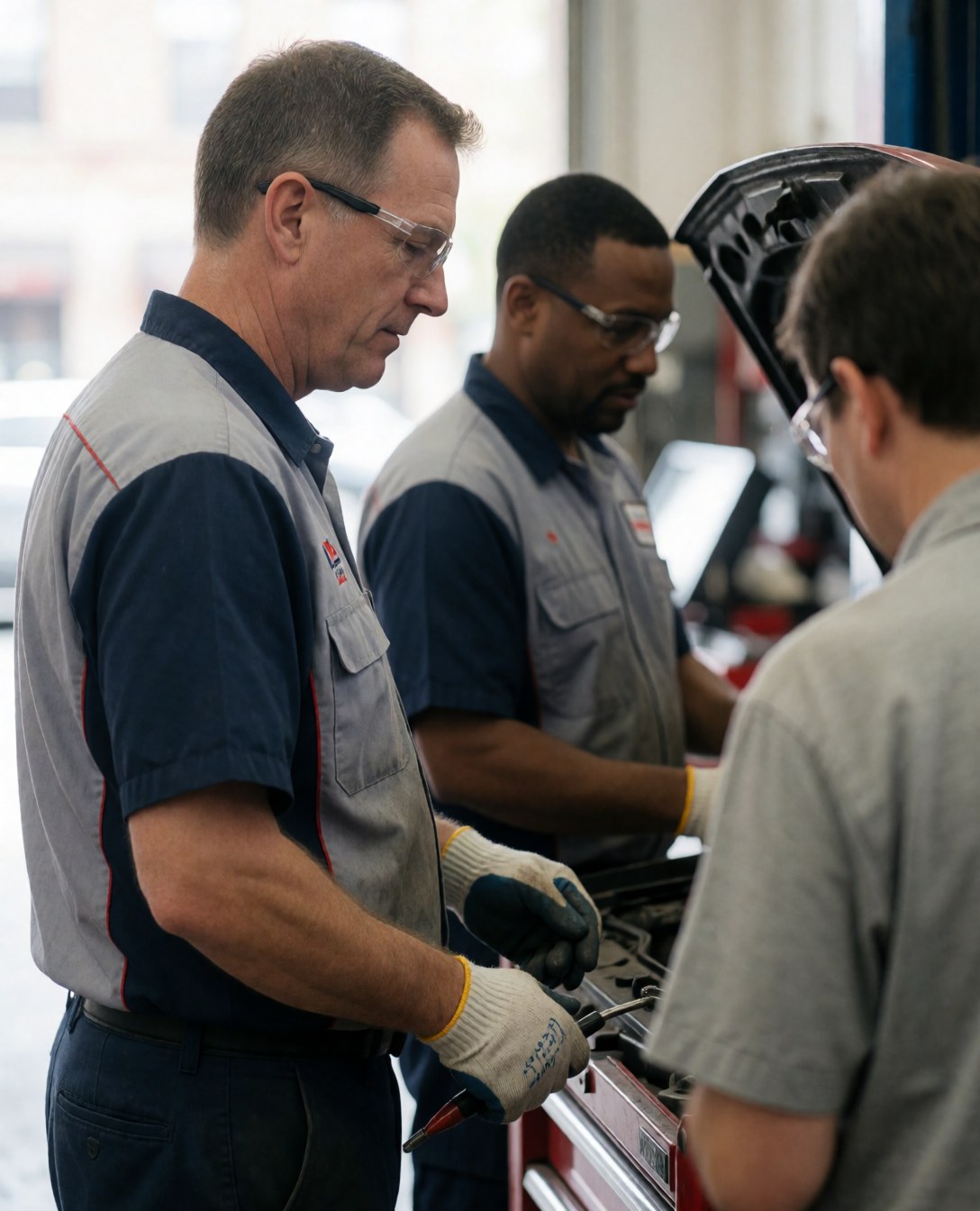 A professional technical team collaborating on repairs in a well-equipped workshop, wearing uniforms and safety gear.
