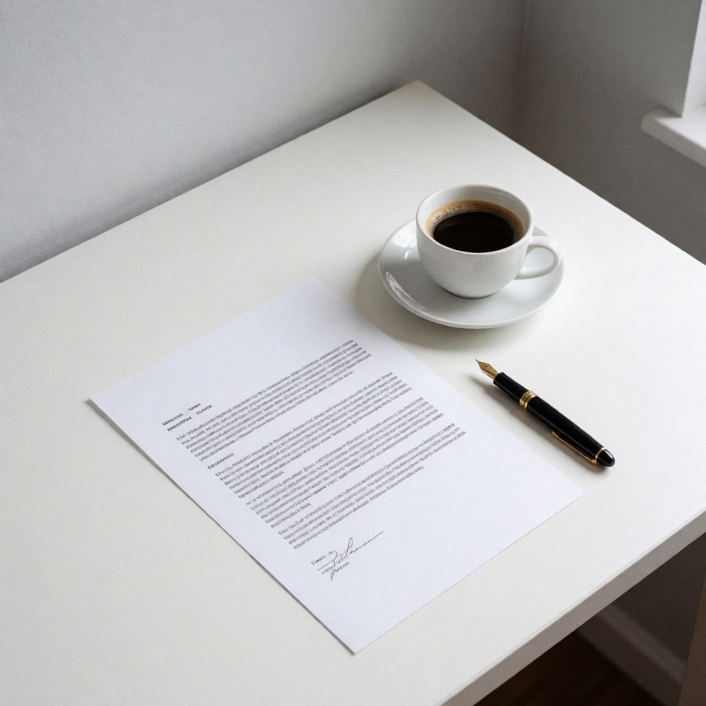 A signed legal contract and a black ink pen resting on a clean white desk, symbolizing professional business services and legal consultation.