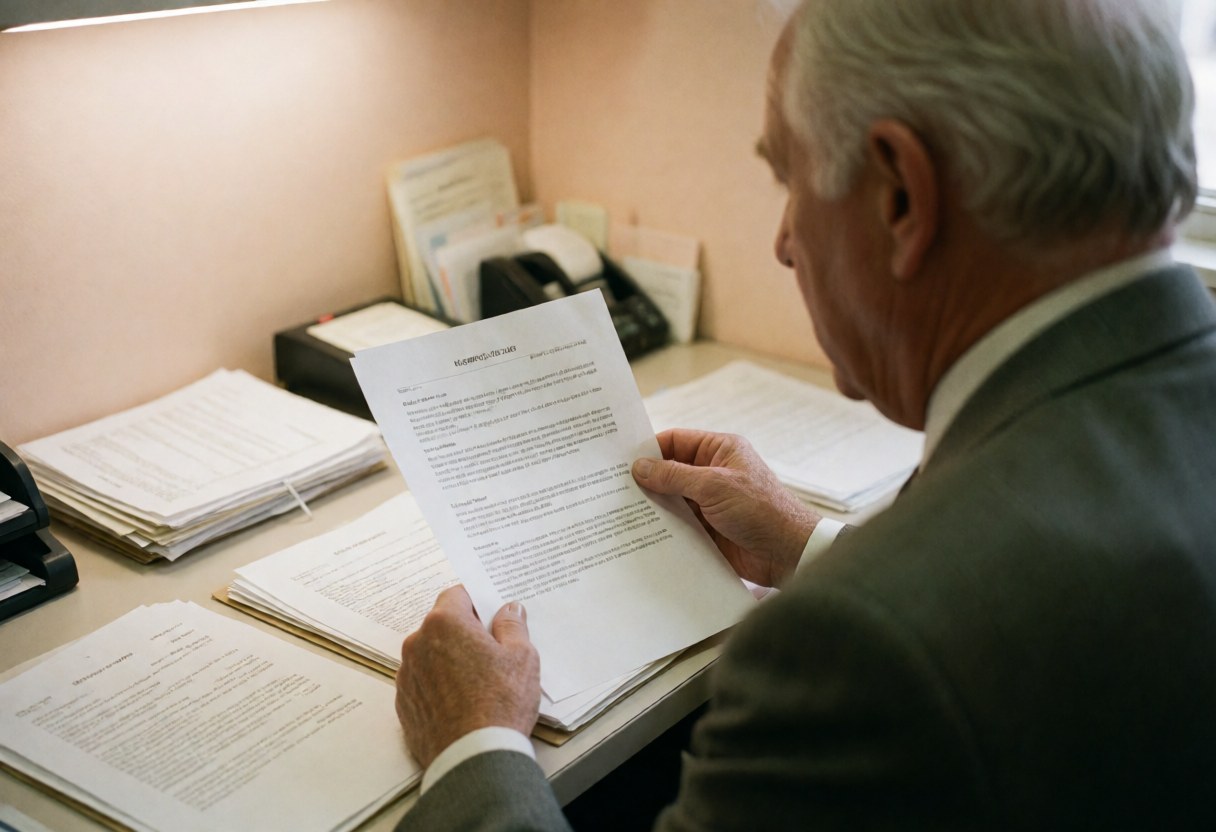 A middle-aged lawyer sits at a wooden office desk reviewing legal documents, with a phone and filing cabinet nearby in a professional setting.