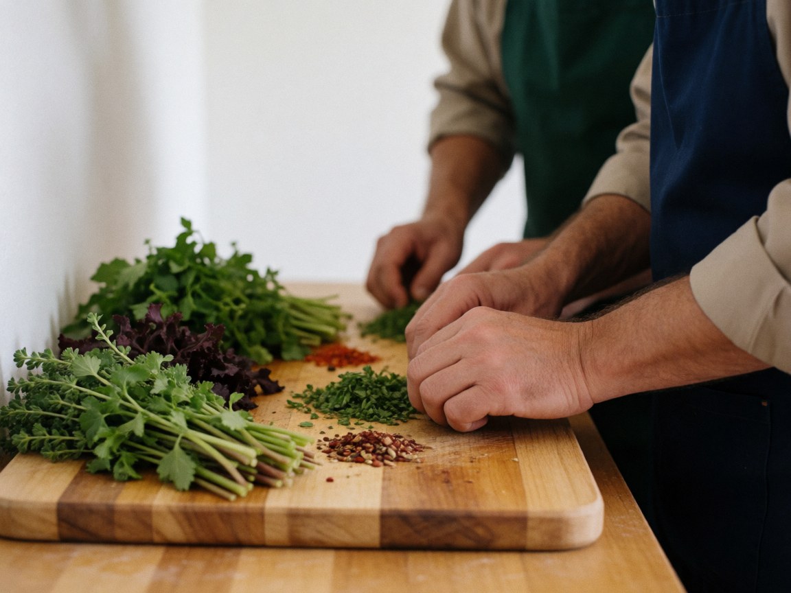 Chef hands slicing fresh herbs and spices on a wooden board in a bright white kitchen with natural light