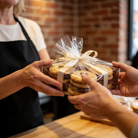 Seller in bakery hands gourmet cookie box with ribbon to customer. Red brick wall, warm lighting, product visible and well presented.