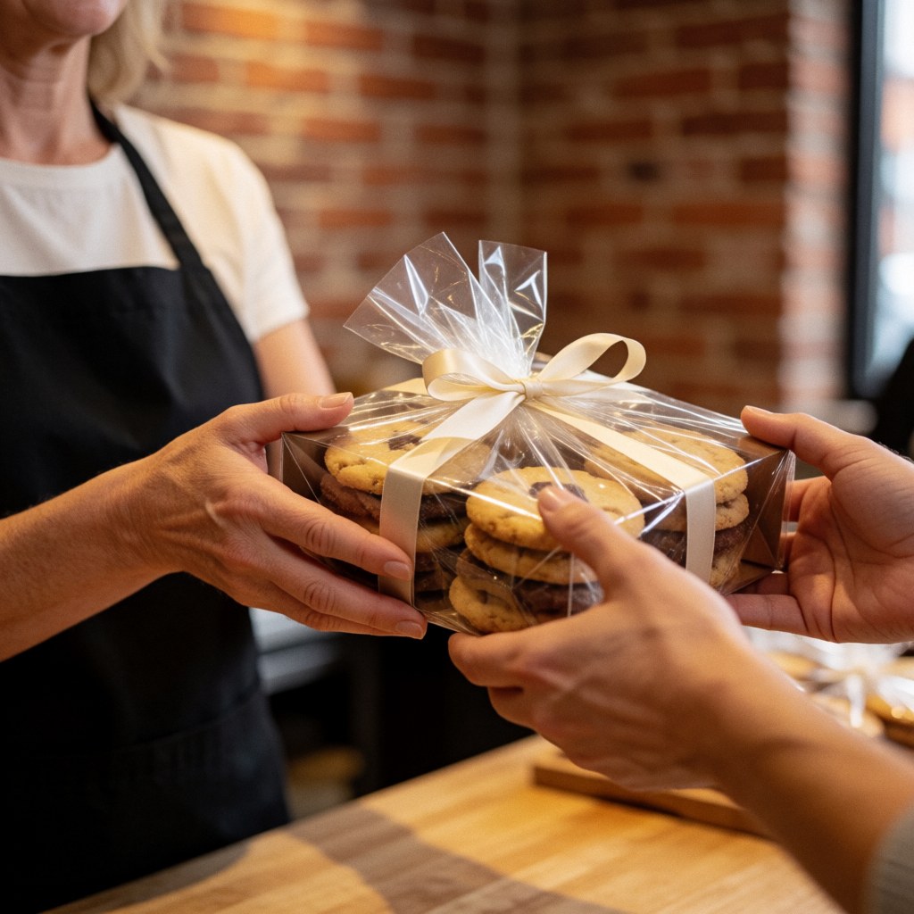 Seller in bakery hands gourmet cookie box with ribbon to customer. Red brick wall, warm lighting, product visible and well presented.