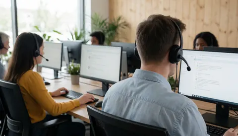 Customer support team members wearing headsets and working on computers in a bright modern office with plants and natural light