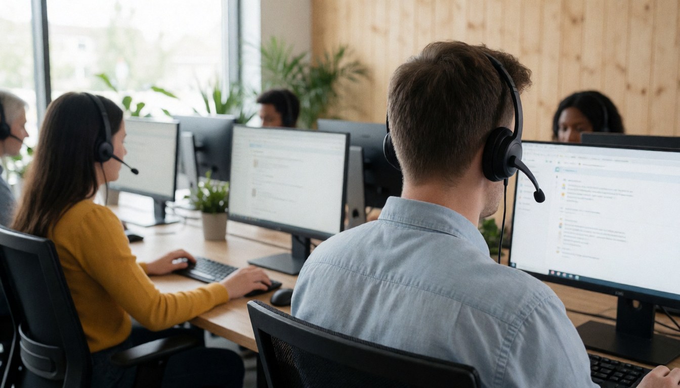 Customer support team members wearing headsets and working on computers in a bright modern office with plants and natural light
