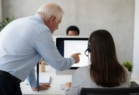 A supervisor stands behind seated call center agents wearing headsets and working at their desks with computers and papers in a bright office.