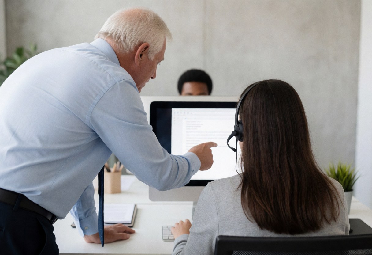 A supervisor stands behind seated call center agents wearing headsets and working at their desks with computers and papers in a bright office.
