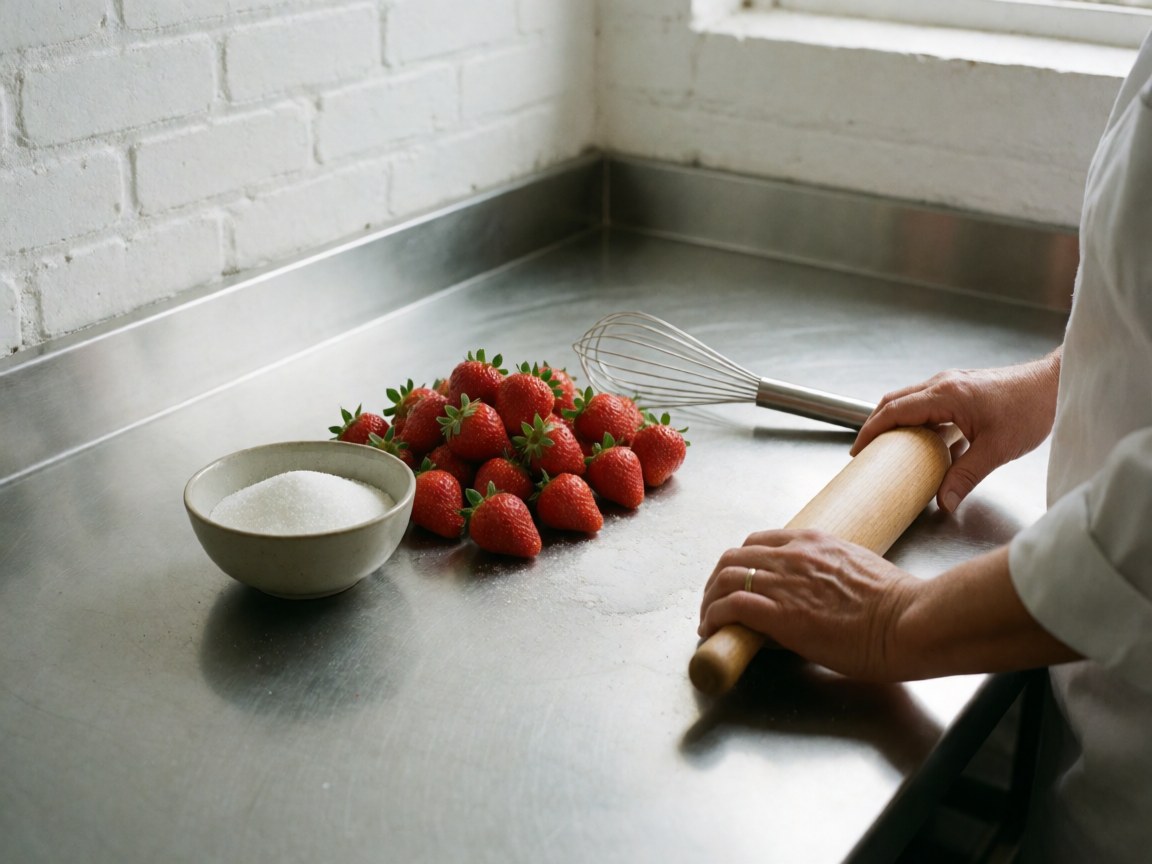 Fresh red strawberries, sugar, and kitchen utensils arranged on a clean stainless steel table in a modern kitchen setting.
