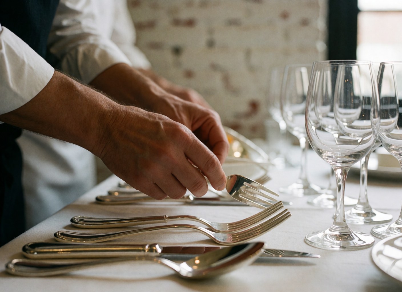 Close-up view of polished silver cutlery and clear crystal glasses arranged on a white tablecloth with soft lighting and reflections
