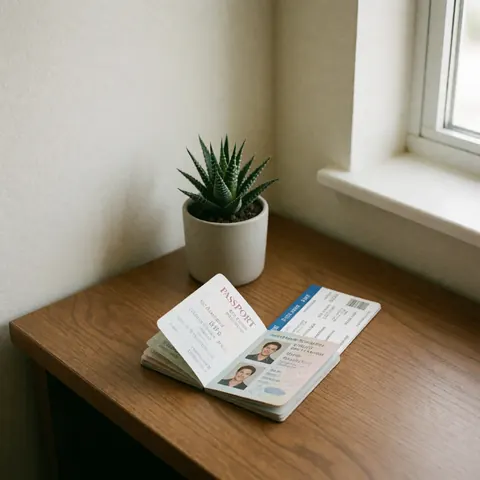 A passport and travel ticket resting on a wooden desk near a succulent plant and window with natural light