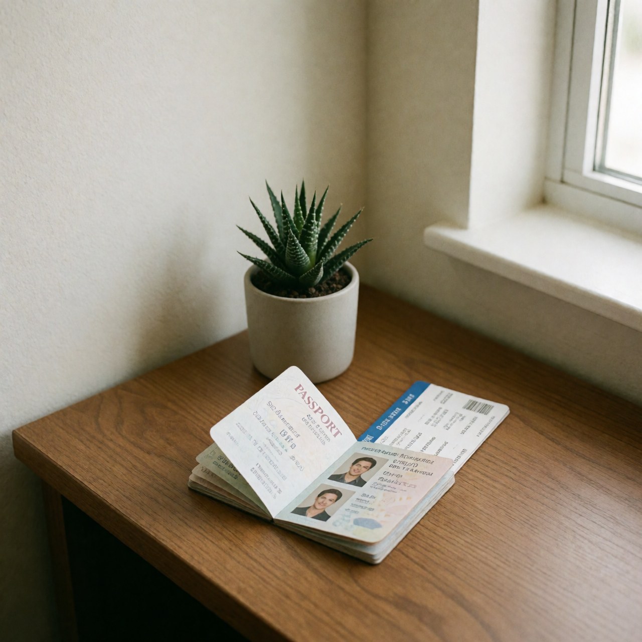 A passport and travel ticket resting on a wooden desk near a succulent plant and window with natural light