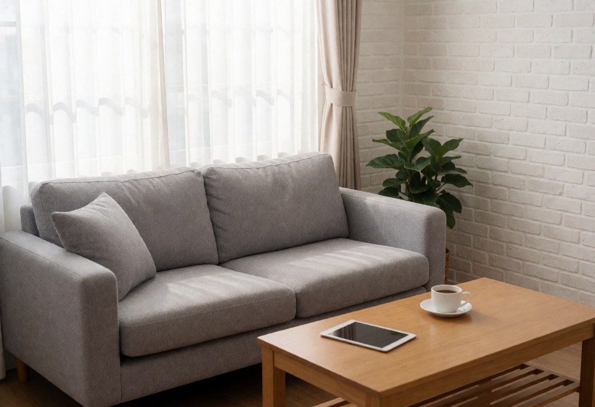 Cozy living room featuring a gray sofa, wooden table with tablet and coffee, white brick wall, curtains, and plant with natural light for studying or working from home