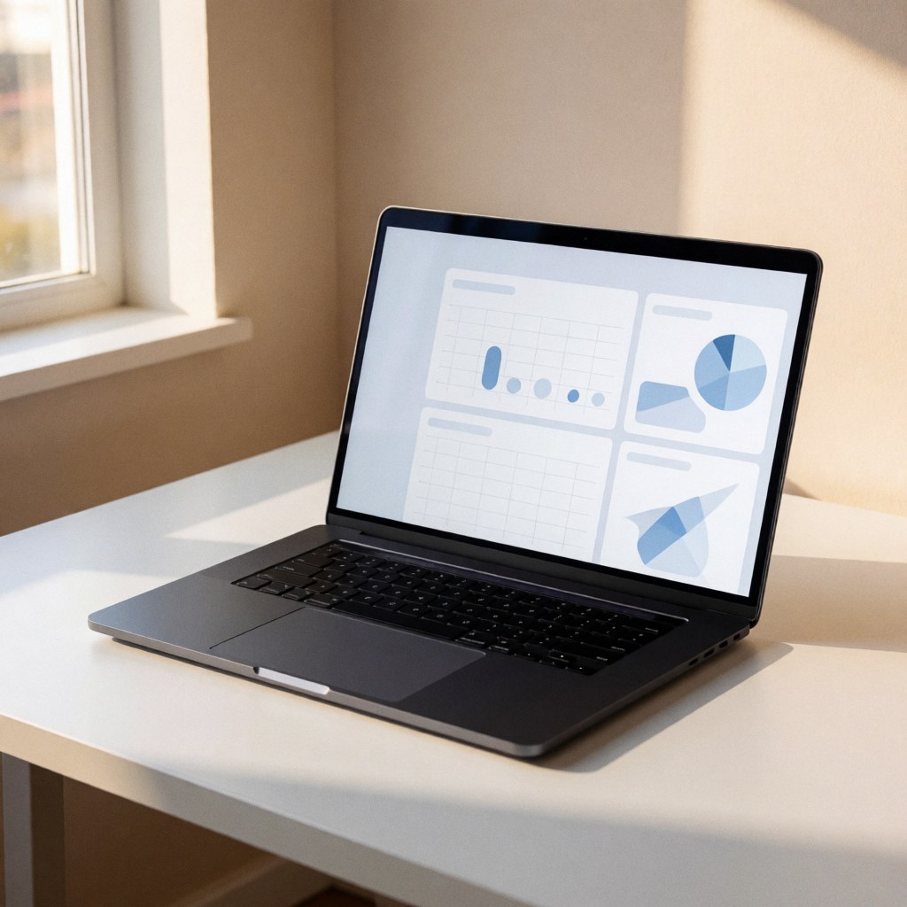 Minimalist HR dashboard displayed on a laptop screen in a bright office setting, featuring clean data analytics and business metrics.