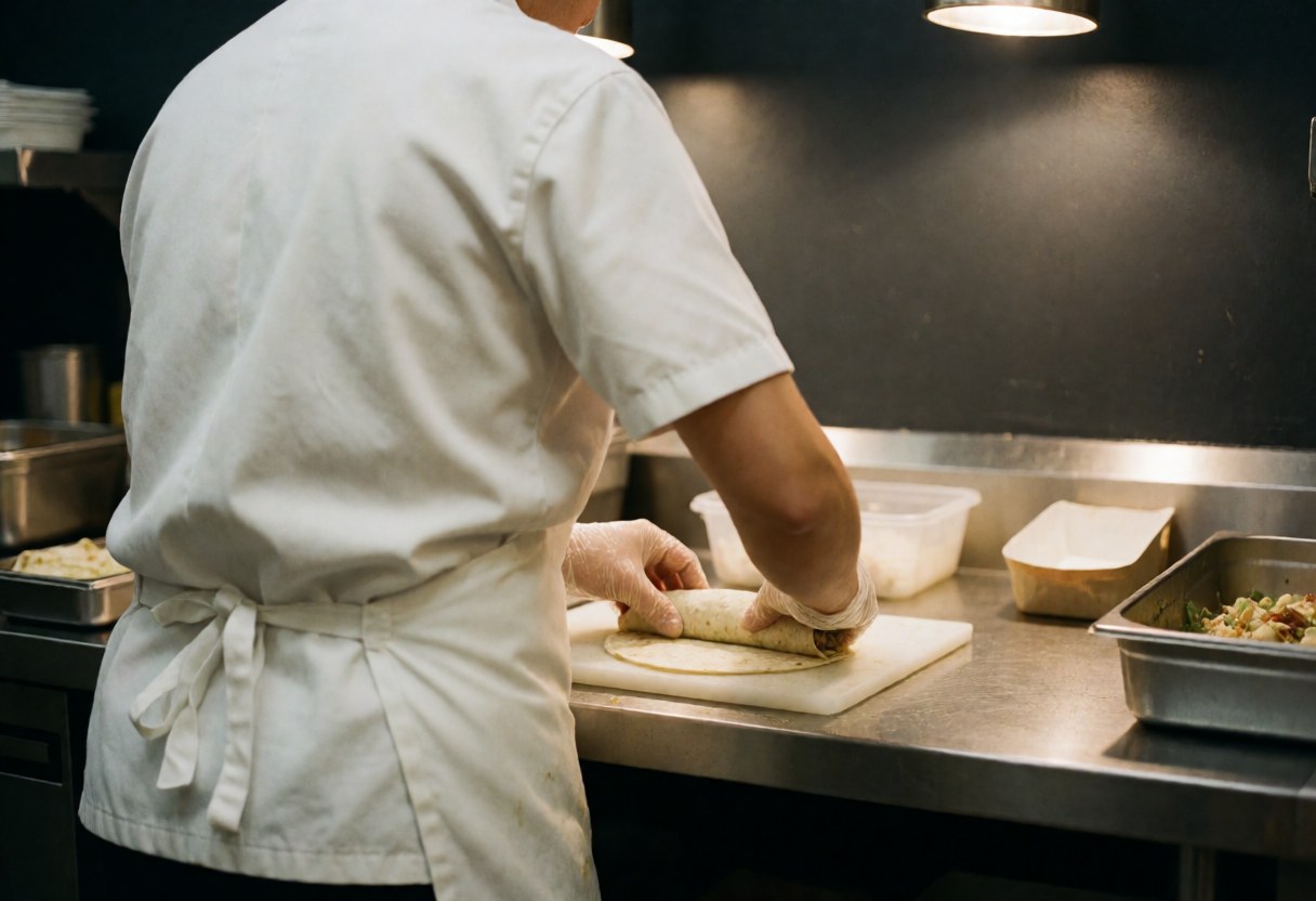 A chef wearing gloves prepares a burrito on a stainless steel counter inside a food truck with warm lighting and a blurred background.