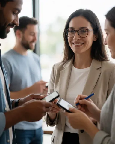 A professional manager stands in a bright coworking office, holding a phone and notebook, smiling during a team meeting with colleagues in a modern workspace.