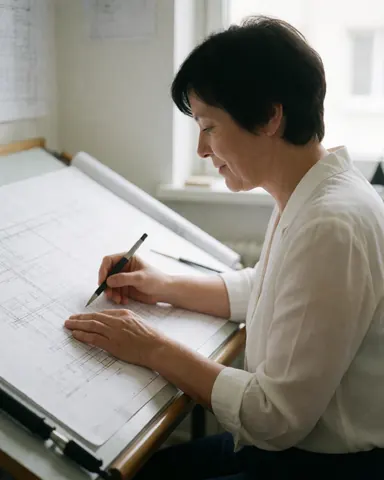 Professional architect sketching construction blueprints with pencil and ruler on a wooden desk near a bright window in a well-lit office.