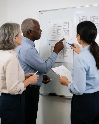 Three professionals stand at a whiteboard reviewing architectural plans. One points to a drawing while others observe and take notes in a modern office setting.