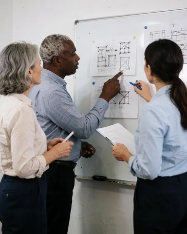 Three professionals stand at a whiteboard reviewing architectural plans. One points to a drawing while others observe and take notes in a modern office setting.