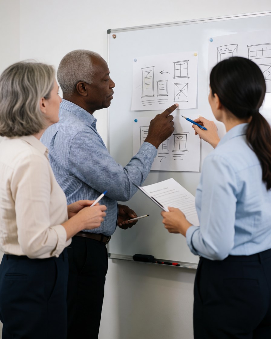 Three professionals stand at a whiteboard reviewing architectural plans. One points to a drawing while others observe and take notes in a modern office setting.