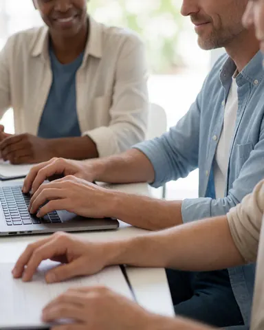 Two men typing on laptops at a table in a bright coworking space with natural light and other workers in the background