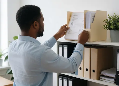 A professional accountant organizes financial invoices and paperwork in a tidy office with natural light and green plants