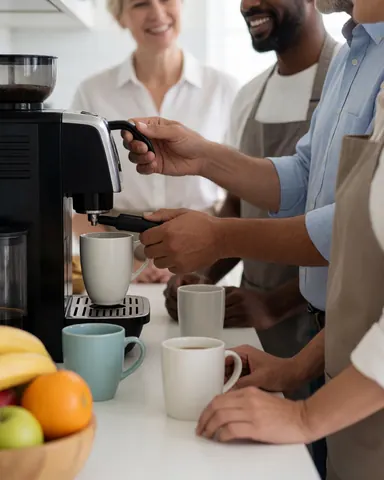 Close-up of hands using a coffee maker with mugs and a bowl of fruit on a clean counter in a bright coworking environment.