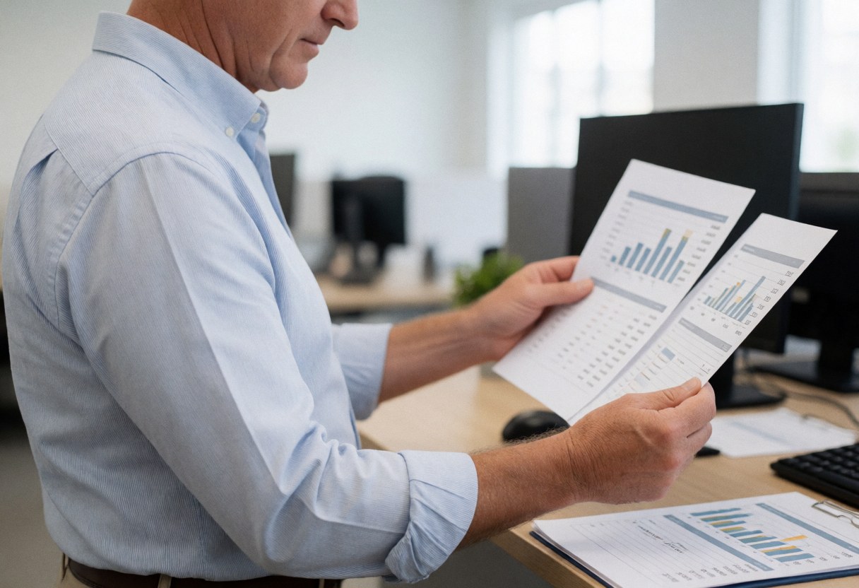 A male accountant reviews financial reports with charts in a modern office, working alone at his desk with a computer and documents.