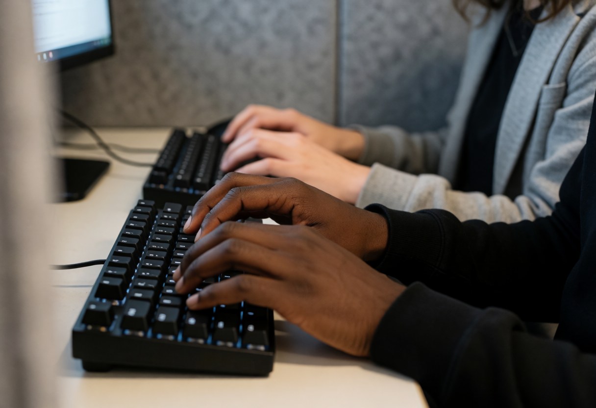 Close-up view of hands typing on a black keyboard in a professional office setting with a blurred background