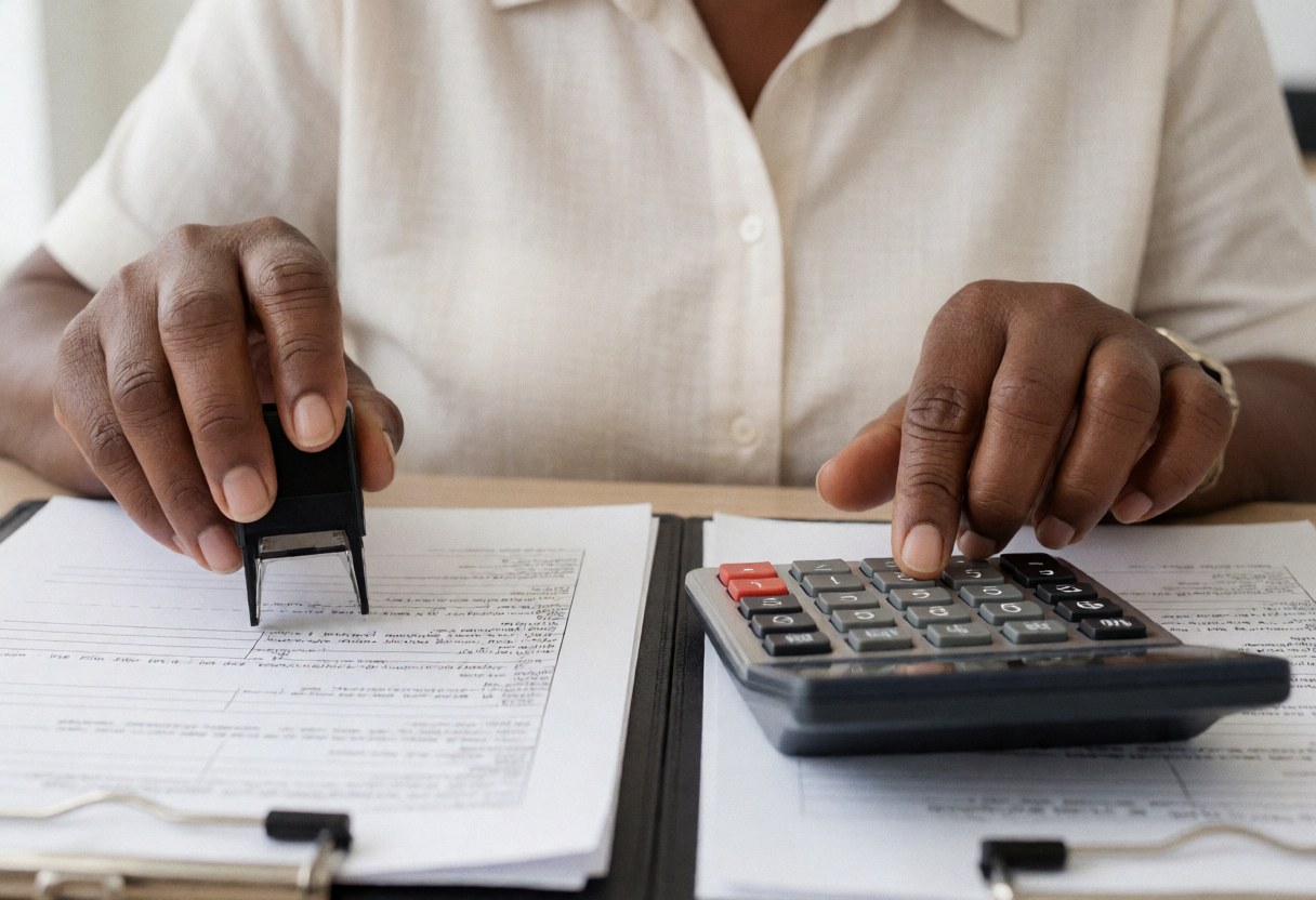 Close-up of an accountant's hand using a calculator and stamp on financial documents, illustrating precise accounting work.