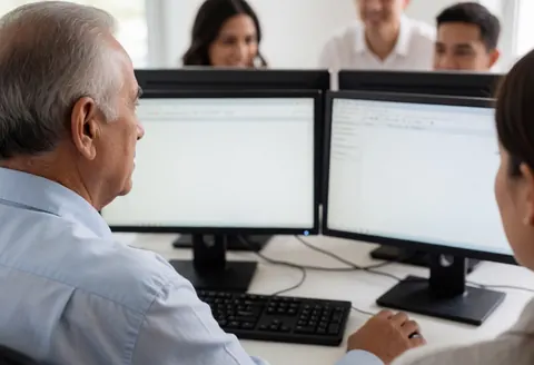 Senior man configuring dual monitor setup in modern office, working with keyboard and mouse in professional workspace