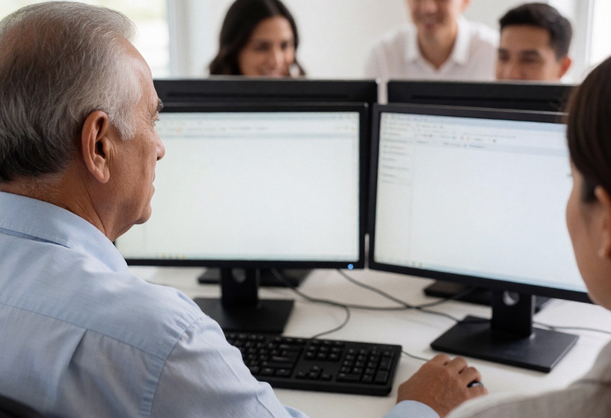 Senior man configuring dual monitor setup in modern office, working with keyboard and mouse in professional workspace
