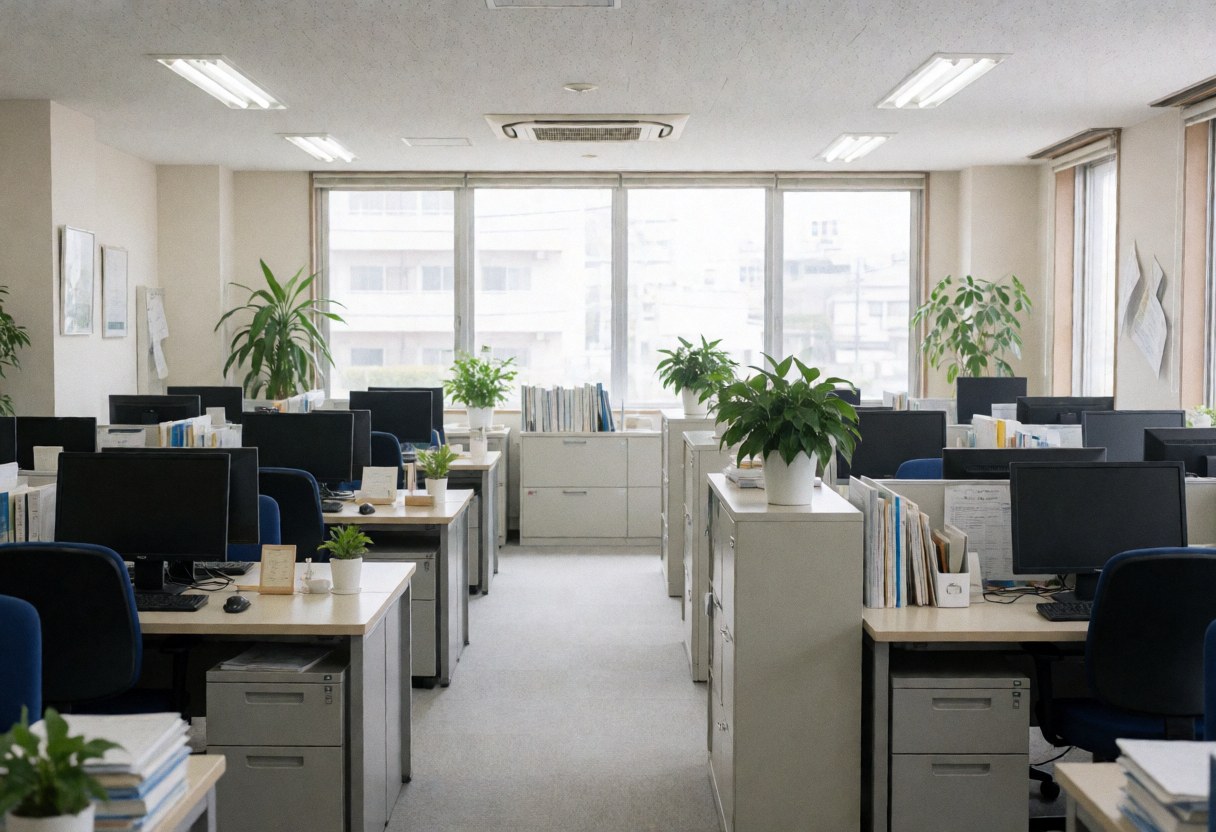 A clean and professional accounting office interior featuring desks, computers, file cabinets, and plants with natural light streaming through large windows