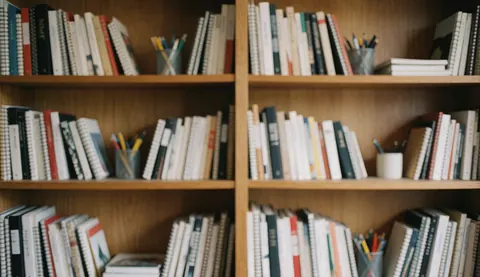 A blurred background of an organized wooden bookshelf holding notebooks, pens, and books, suitable for a professional coworking office workspace design