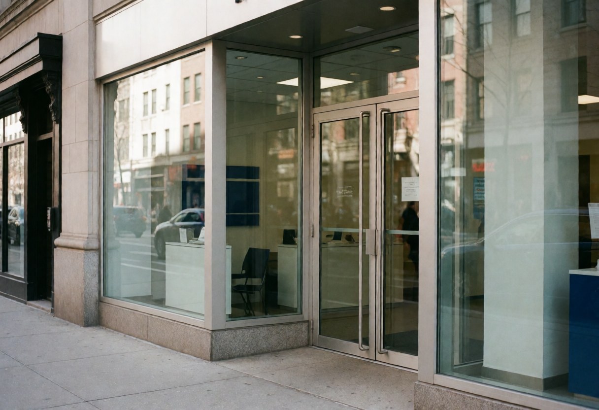 Modern office entrance featuring glass doors with street reflections and a clean professional interior visible through the windows.
